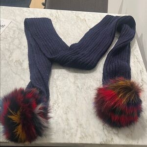 Jocelyn Navy Scarf with Multicolor Fur Pom Poms